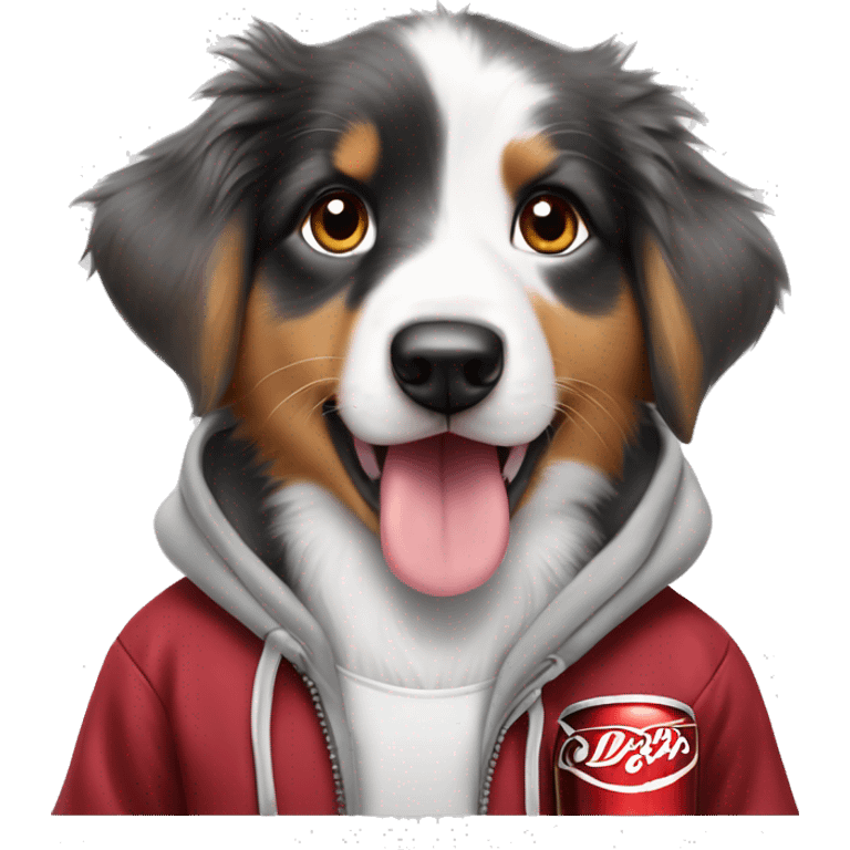 Australian Shepard puppy with a hoodie on with a Dr.Pepper soda emoji