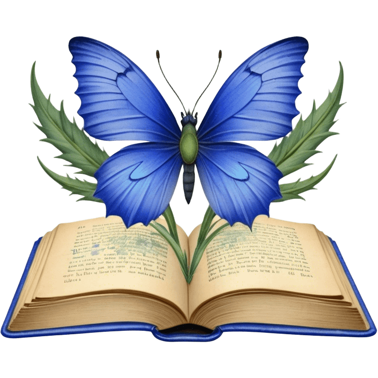 A vintage book with a worn blue cover, open to reveal pressed blue cornflowers and a resting green butterfly. emoji