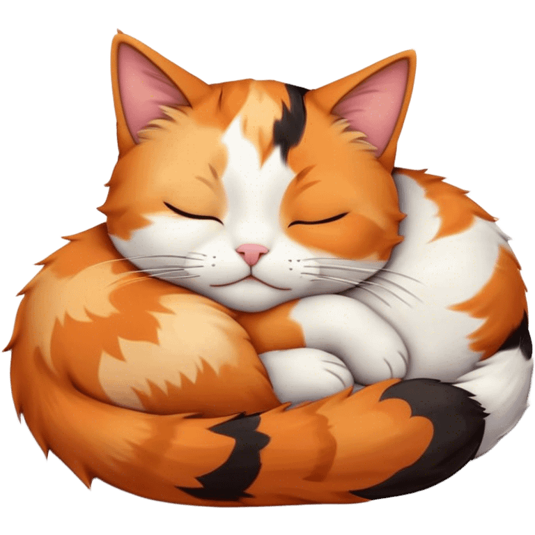 Meme-Worthy Cute Sleeping Calico Cat Portrait Emoji, Head resting peacefully with a content, gentle smile and softly closed eyes, featuring a delicate patchwork fur in vibrant orange, black, and white hues, simplified yet irresistibly endearing, highly detailed, glowing with a soft, drowsy radiance, high shine, exuding relaxed and utterly lovable charm, styled with a gentle, soft glowing outline, capturing the essence of a sleeping calico cat that appears destined to become a viral icon of adorable rest! emoji