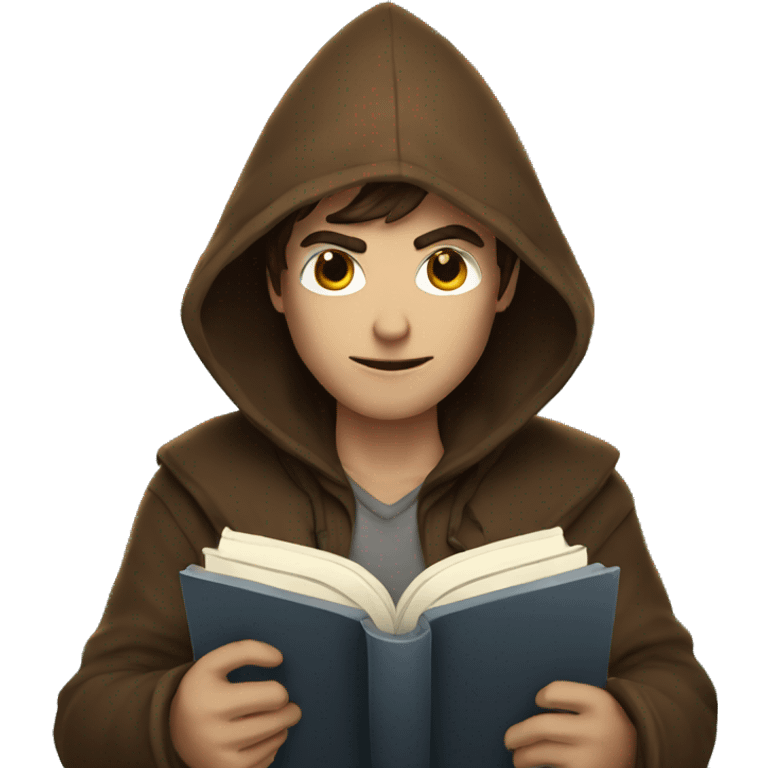 human male rogue with brown hair holding a book wearing a hood emoji