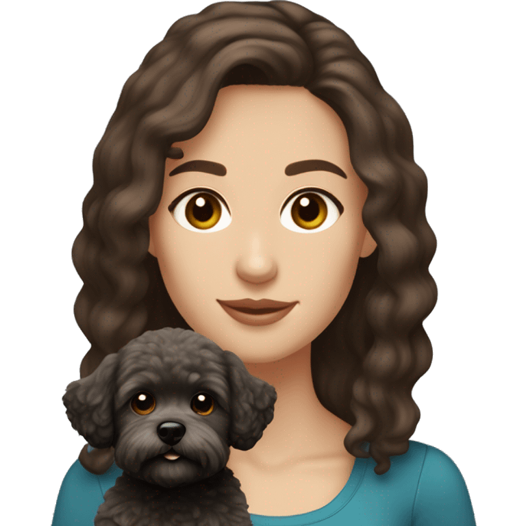 Caucasian woman, medium straight brown hair and brown eyes. Holding black maltipoo emoji