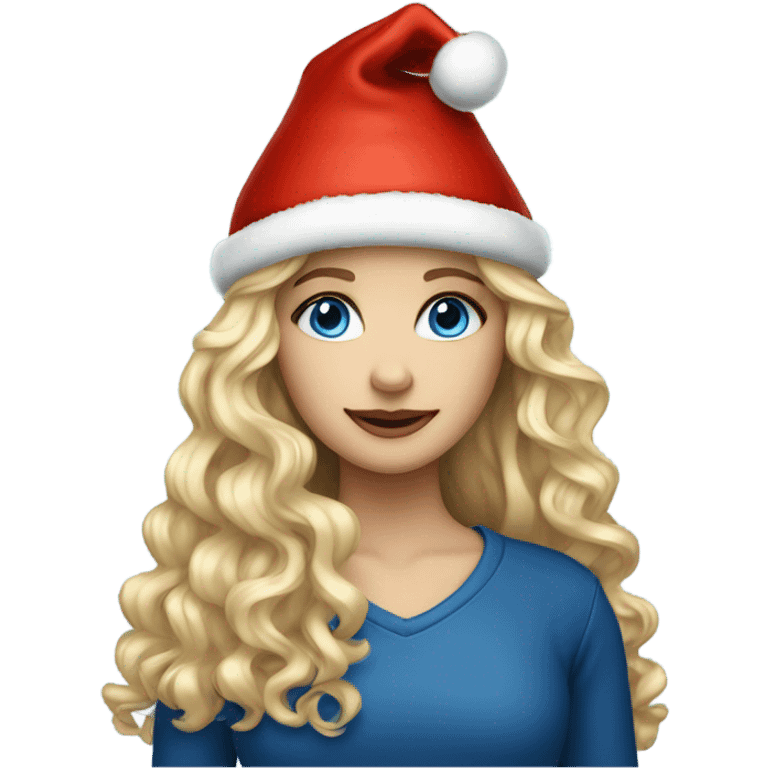 beautiful girl with long curly blonde hair and a Christmas hat and blue eyes emoji