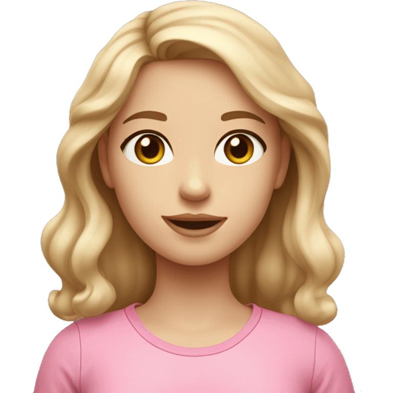 a girl with fair skin tone with a dark blonde slight wavy hair and light pinkish cheeks with colored eyes and a pink shirt emoji