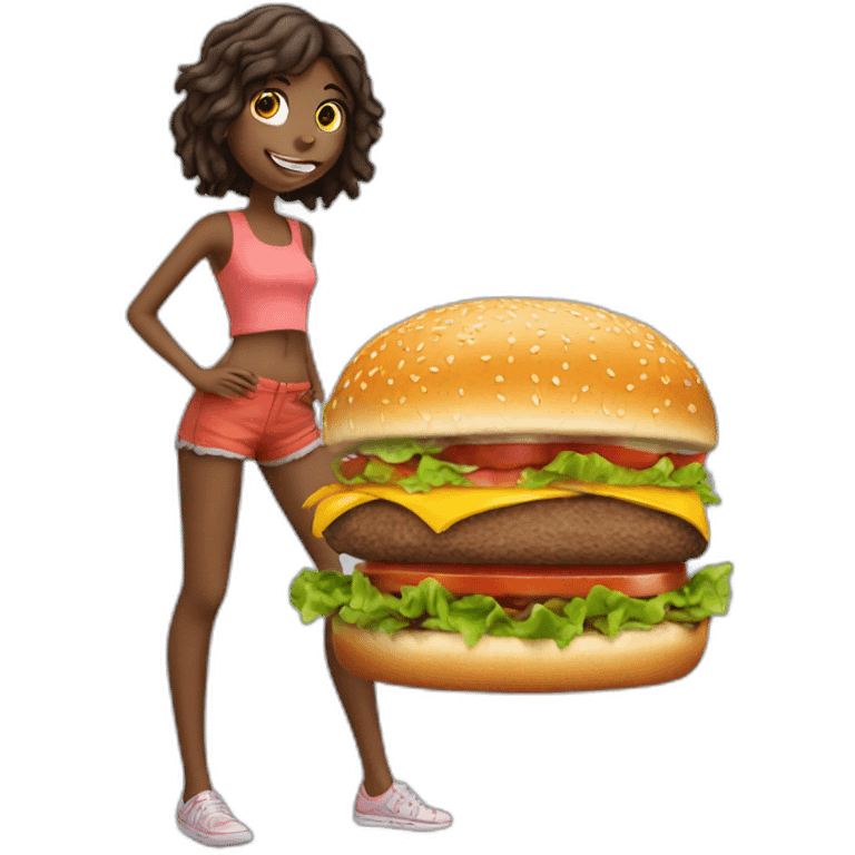 Hungry girl in front of a burger emoji