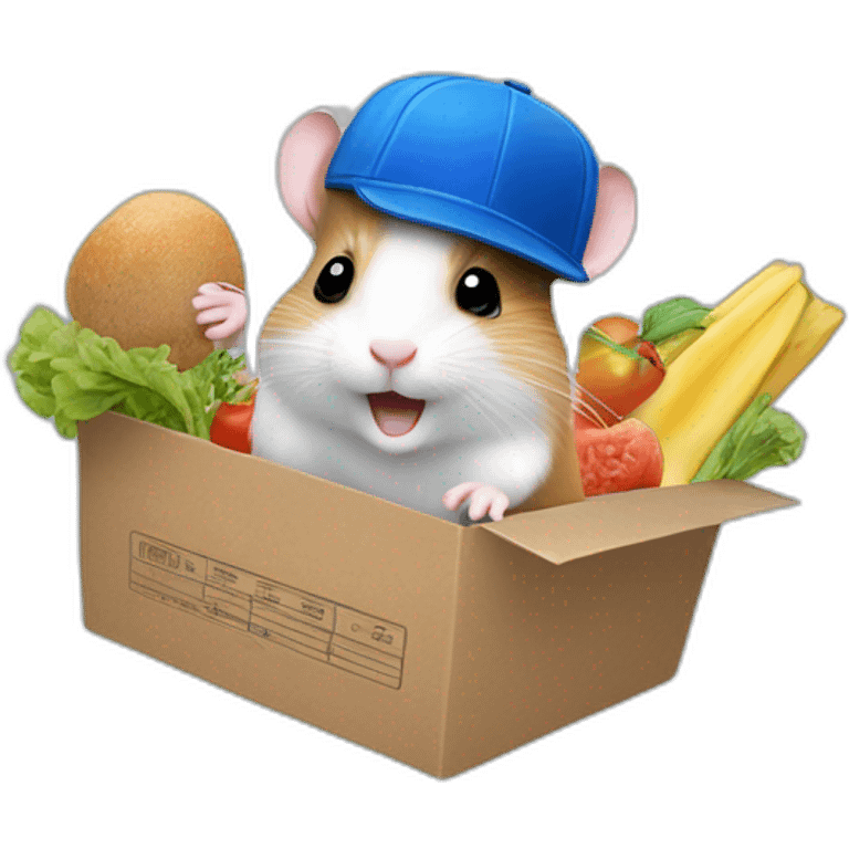 jumping up in the air hamster with blue hat on and with groceries in it's hand emoji