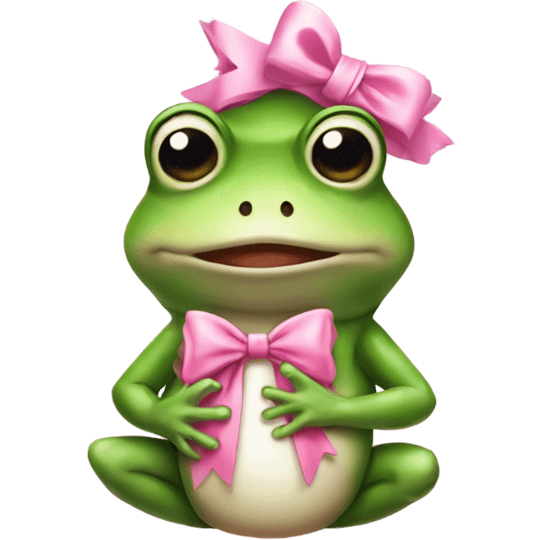 Frog wearing pink bow on head while holding teddybear in his hands emoji