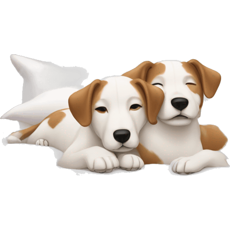 A couple of Persons  laying in bed with 2 white dogs  emoji