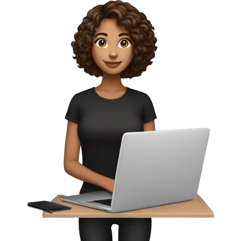 una chica de 24 años, con cabello castaño oscuros, mediano y rizado, con ojos marrones claros,vestida de camiseta y pantalón color negro, con una laptop en sus manos emoji