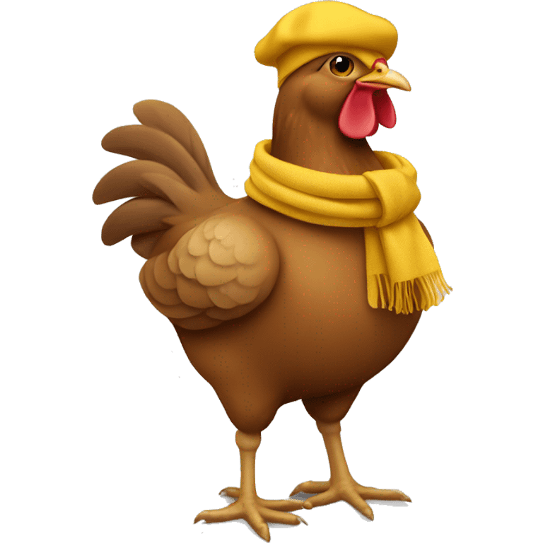 Brown hen showing full body wearing a mustard yellow scarf and mustard yellow beret emoji