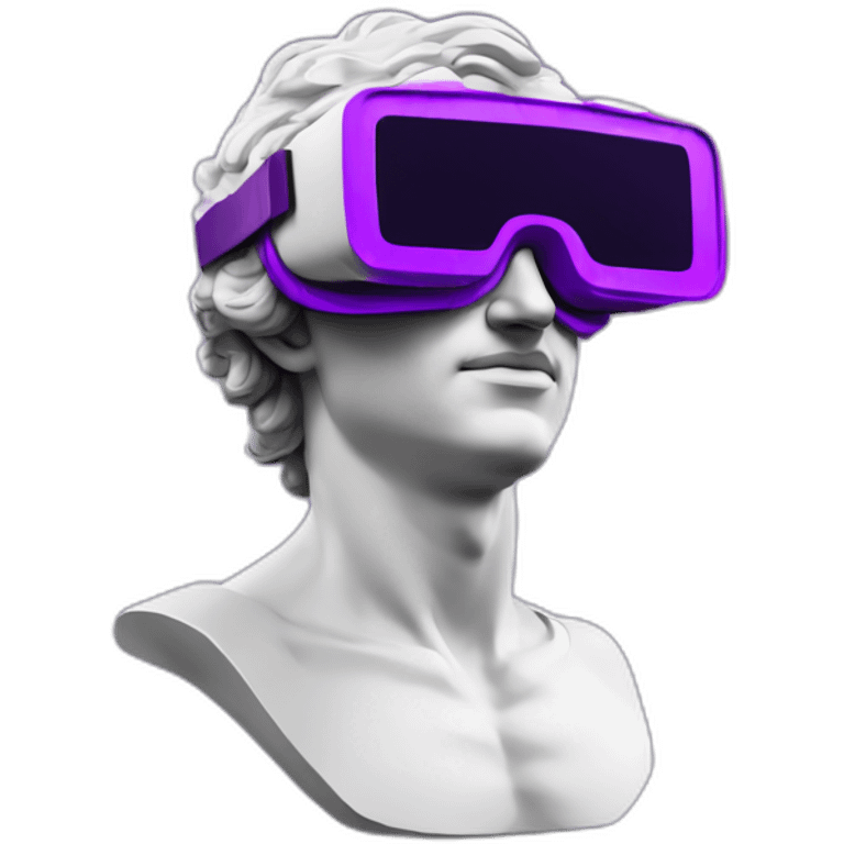 an EMOJI OF A ancient young greek statue, wearing VR headset, purple colors, DIGITAL UNIVERSE emoji