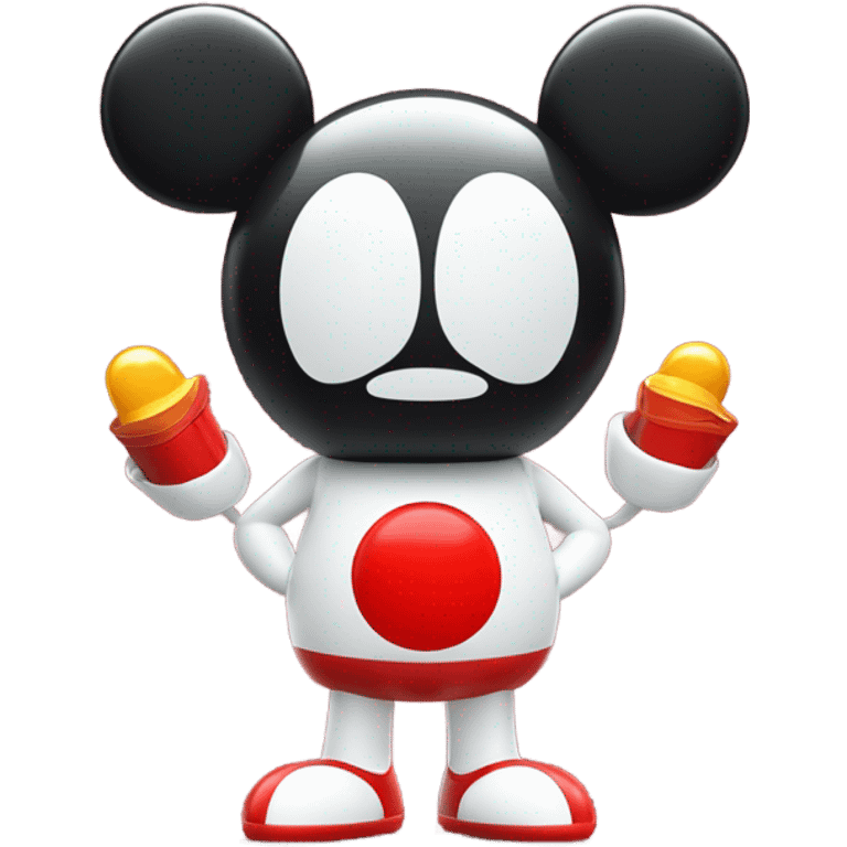 Very shiny full body character with pill capsule head with retro antennae and jetsons aesthetic  puffy body and welcoming waving Mickey Mouse arms braun Japanese inspired Anpanman with big boots and antennae red and white colors only emoji