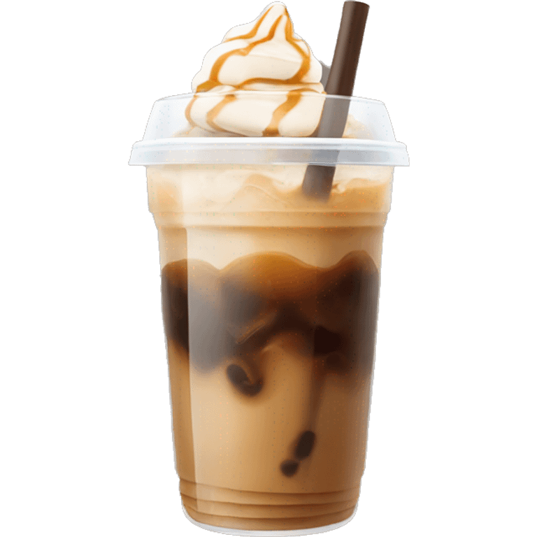 Caramel iced coffee in a clear cup with ice on top  emoji