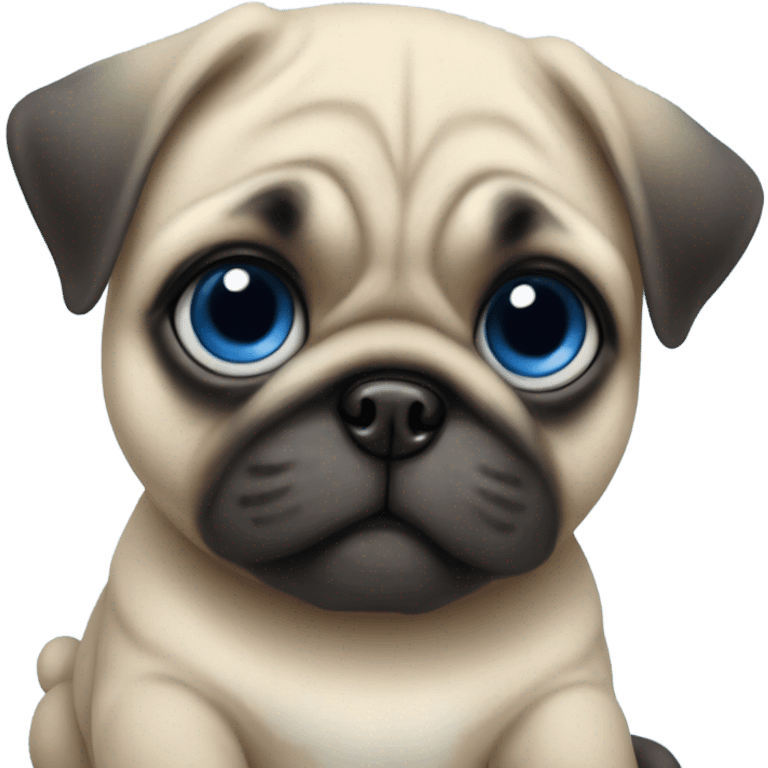 Baby pug with big blue eyes chewing a blue teddy bear  emoji