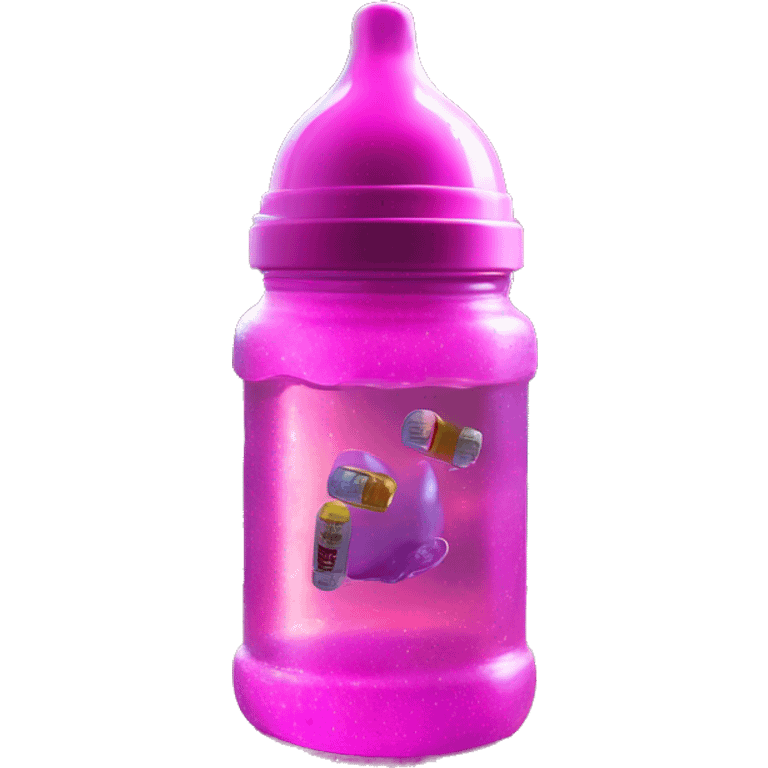 A pink baby bottle with purple sparkly liquid with ice, labeled "GOOGOO ZAZA" floating and pills left by trash in apartment with floor to ceiling windows in sci-fi city streets, dark, neon, ultra realistic, glossy, after rain, sunshine, vhs emoji