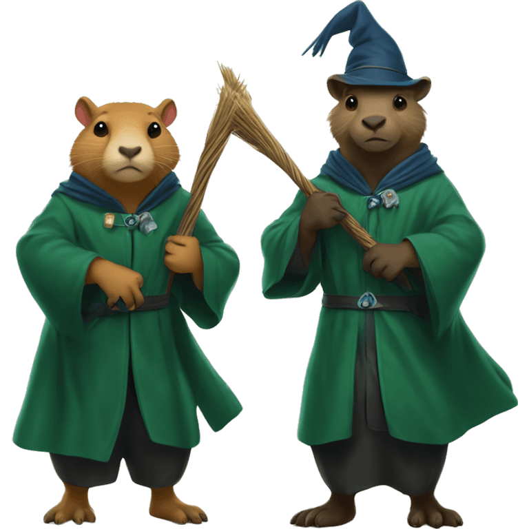 2 capybaras. both wizards. one is wearing a slytherin robe and the other has a ravenclaw robe. they are both holding broomsticks! emoji