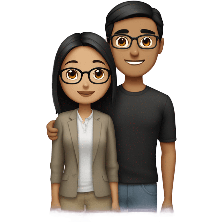 An Pakistani Asian girl with glasses and dark brown eyes and mid length black hair hugging a Pakistani guy who is the same height as her who also wears glasses with dark brown eyes with black hair that is slicked back emoji