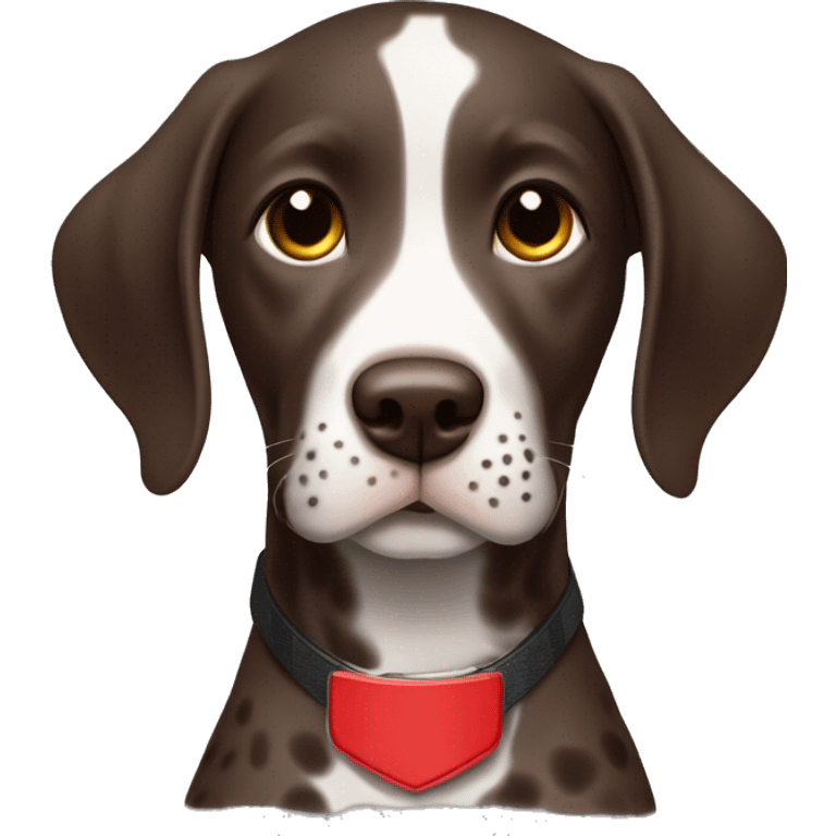 Dark Brown spotted German short haired pointer puppy with ticking with red collar  emoji