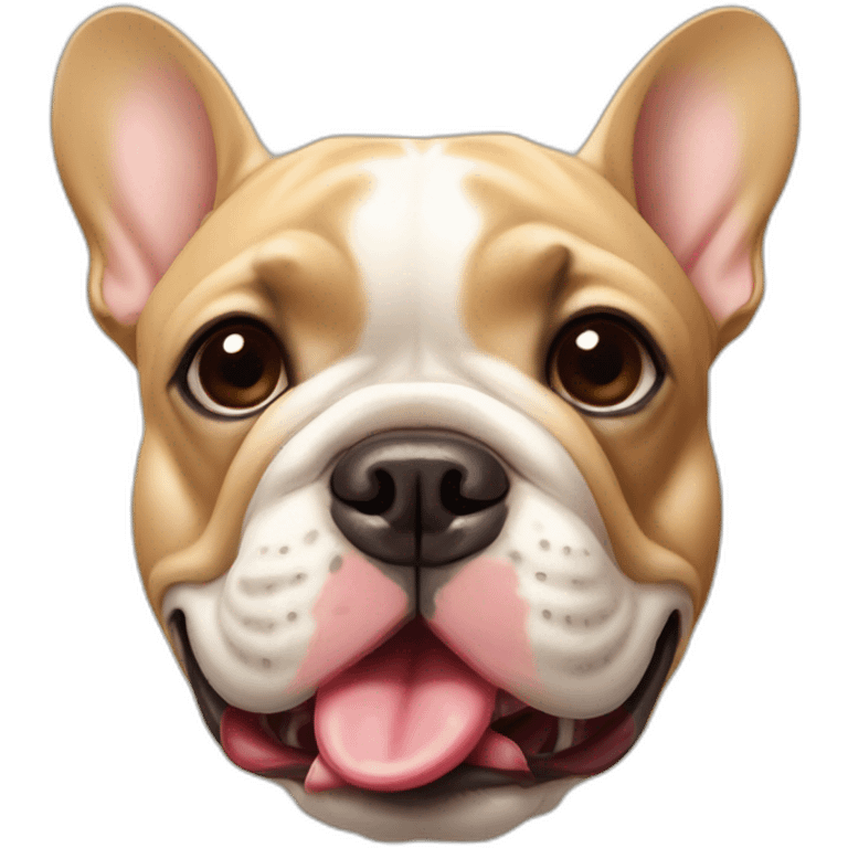 head shot of chunky tan french bulldog with tongue out emoji