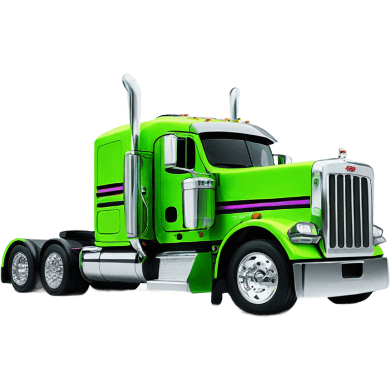 neon green peterbilt semi truck lowered on the ground with large chrome wheels and chrome smoke stacks profile view emoji