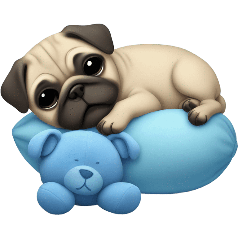 Baby pug sleeping next blue teddy bear  emoji