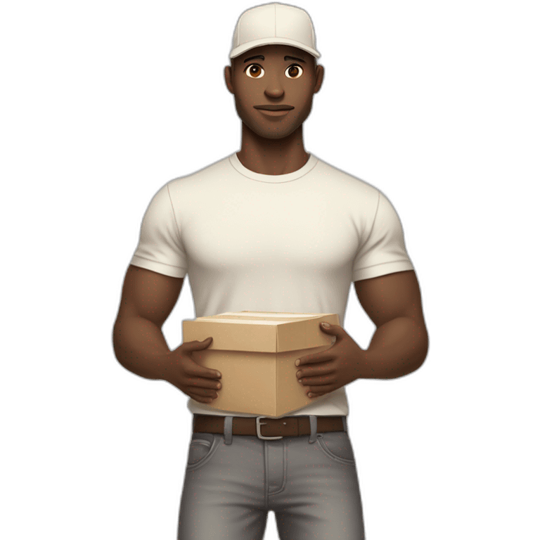 Pale skinned fit Man with dark brown hair in a beige cap, gray jeans, brown polo and white T-shirt keeping a pasted with tape white box into his hands emoji