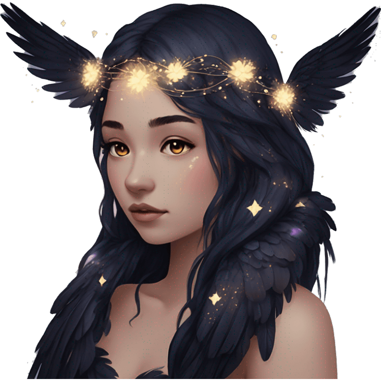 Black Raven wings bohemian girl Ethereal galaxy constellation girl angel raven wings black wings, gold arrow, nebula, flower crown, fairy lights, iridescent emoji