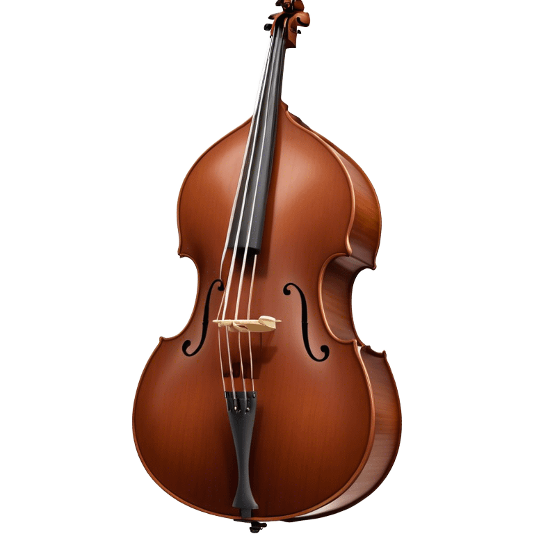 Create an elegant and detailed emoji representing a Gliga Gama double bass with bow. The design should showcase the large, sleek body of the double bass with its rich wood finish, including the characteristic curves and deep tone holes. The bow should be elegantly positioned next to the instrument, highlighting the hair and smooth wooden stick. Use warm wood tones like chestnut brown for the body of the bass, silver accents for the fittings, and dark brown for the bow. Add subtle musical notes or sound waves flowing from the bass to represent its deep, resonant sound. The background should be transparent. emoji