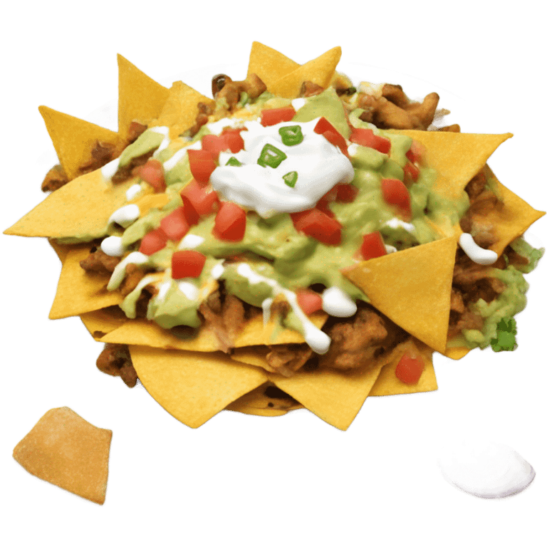 Nachos with cheese salsa grilled chicken guacamole onions and sour cream emoji