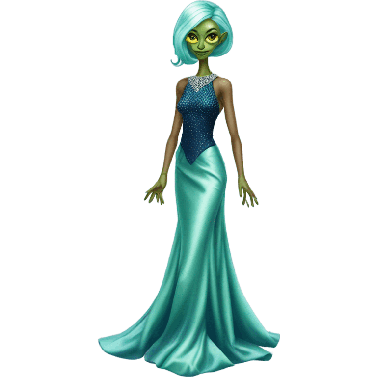 reptilian green alien woman, in long slim pastel blue formal party satin dress with gradient shiny sparkling navy blue diamonds embroidered, full body full figure emoji