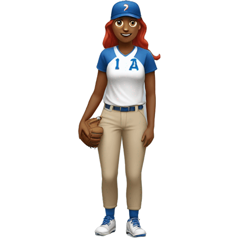 a standing white female coach with long red hair, wearing a white t-shirt and a simple blue baseball hat, in a friendly and confident pose emoji