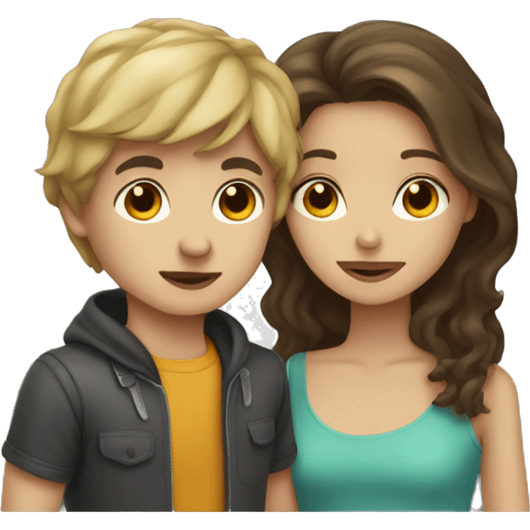 dark blonde haired boy and dark brown hair girl kissed emoji