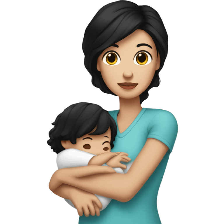 Pretty mom with dark hair and white skin holding baby boy tall black hair with white skin  emoji