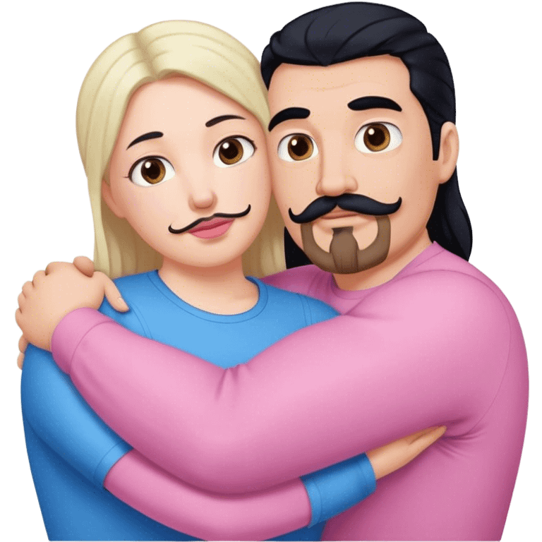 Tall strong white man with brown mustache goatee wearing blue hugging a chubby short pale woman with long black hair wearing pink emoji