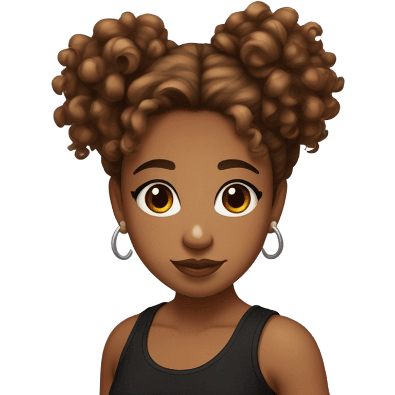 light brown girl with brown eyes, curly hair in a messy bun and two strand curly bangs wearing black tank top, freckles and beauty marks and long eyelashes, full lips emoji