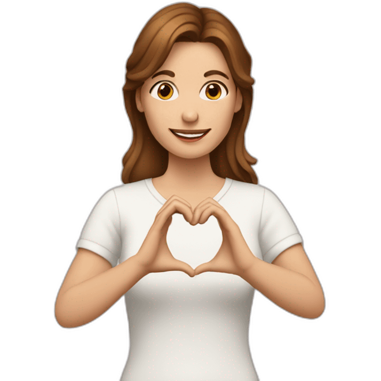 A white woman with brown hair, and making a heart symbol with her hands emoji