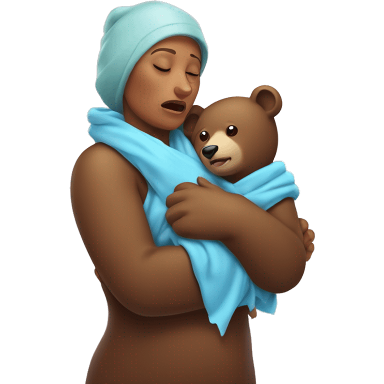 mama bear cradles her sick bear cub. she is holding her cub in her arms as he winces with an ice pack on his head emoji