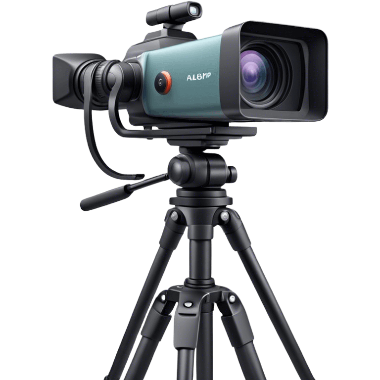 Create an emoji for video recording. Show a  single lens professional video camera with screen and image on it, on heavy tripod. Use modern, professional colors. Do not include any emojis or smiley faces. Make the background transparent. emoji