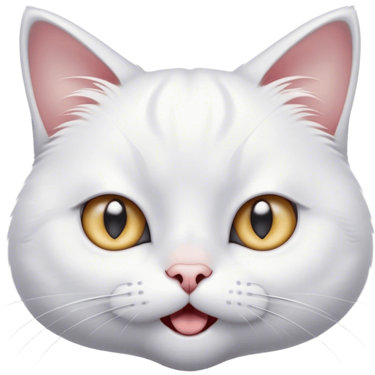 Cinematic Comical White Cat Portrait Emoji, Head tilted in an exaggerated, surprised manner with wide, sparkling eyes, showcasing a pristine white fur with subtle hints of silver and an animated, goofy expression, simplified yet whimsically detailed, glowing with a playful, bright radiance, high shine, exuding a lighthearted and comical charm, styled with a soft glowing outline, capturing the essence of a white cat that looks ready to prance comically off the screen! emoji