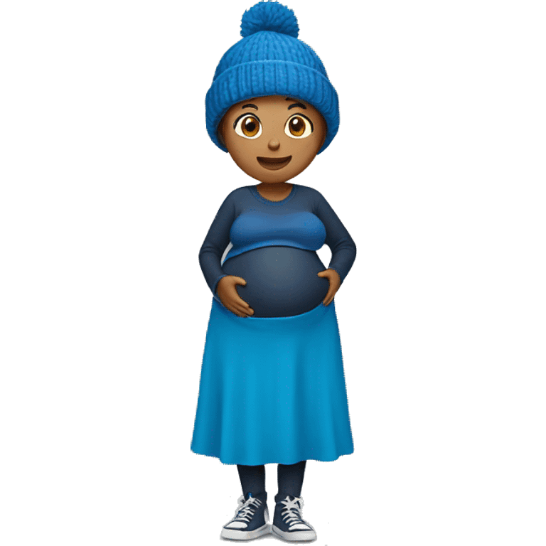 Pregnant woman with a blue beanie on showing her stomach emoji