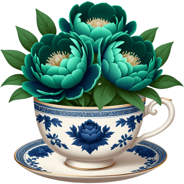 A charming composition of a vintage teacup with an intricate emerald green design, placed beside a bouquet of navy blue peonies. emoji