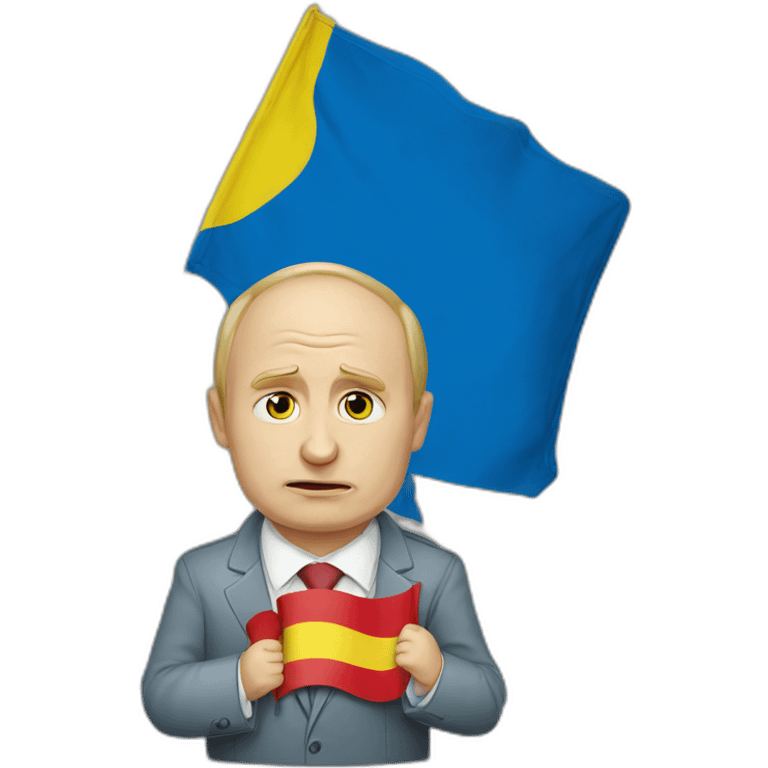 Vladimir Poutine holding Ukrainian flag crying emoji