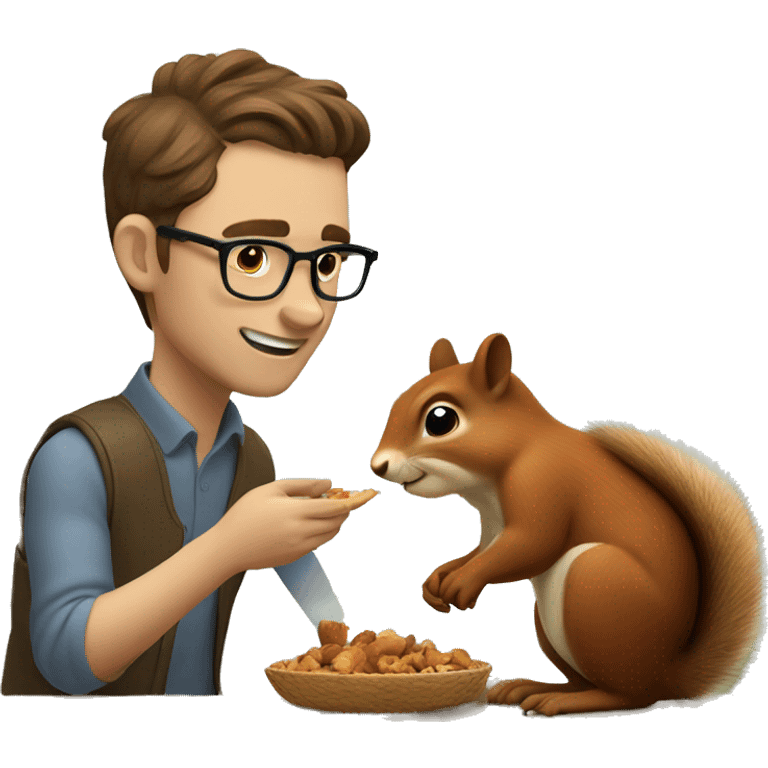 A man with brown hair, glasses and fair skin, feeds a squirrel emoji