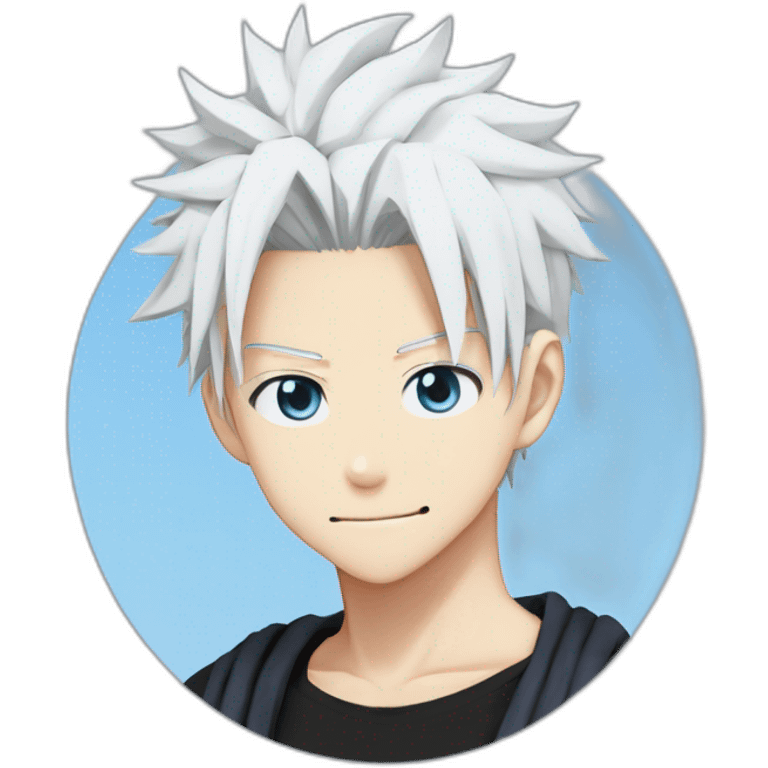 gojo satoru from jujutsu kaisen with white manga hair style, blue sky eyes and wear a black tight tshirt emoji