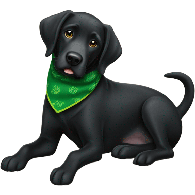 Black lab wearing green bandanna around neck, scooting butt on a carpet farting ￼ emoji