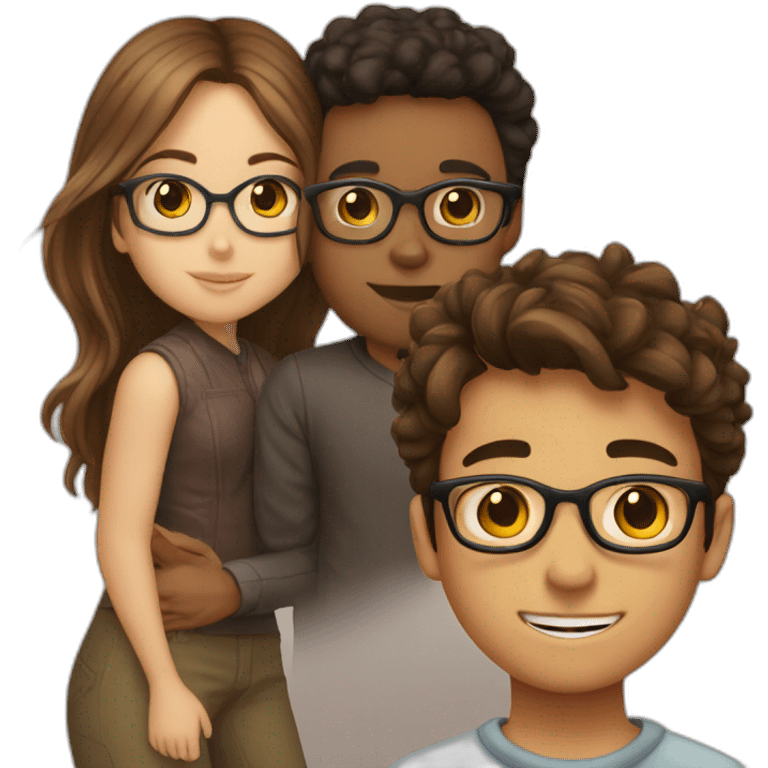 a brown short haired boy with glasses and brown long haired girl kissed emoji