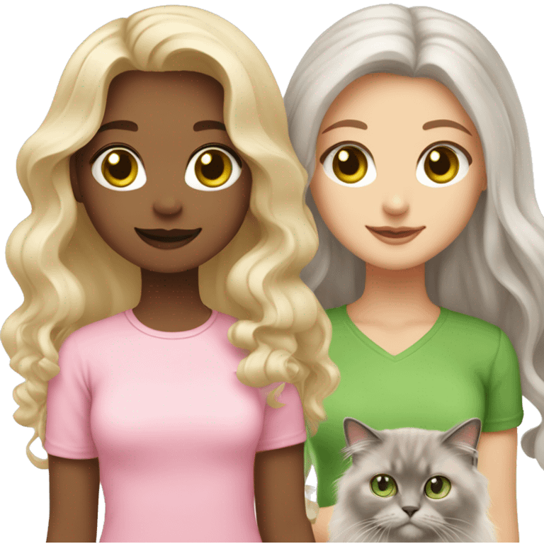 Coloured blonde girl with Long wavy hair with Brown green eyes and wearing a light pink shirt holding a grey  long haired ragdoll cat also wearing pink emoji