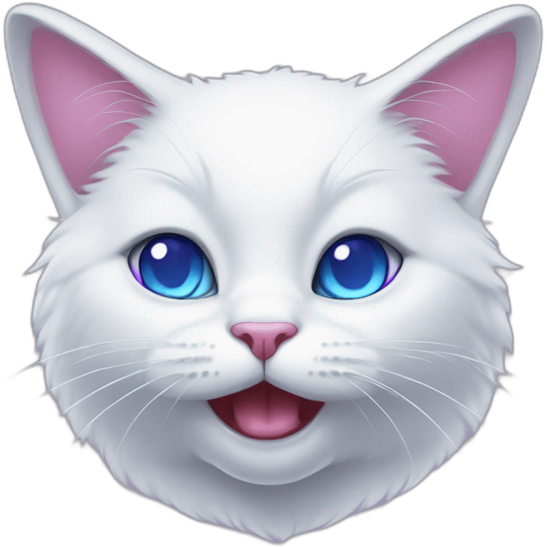 white cat with blue eyes bites purple heart with its paws emoji