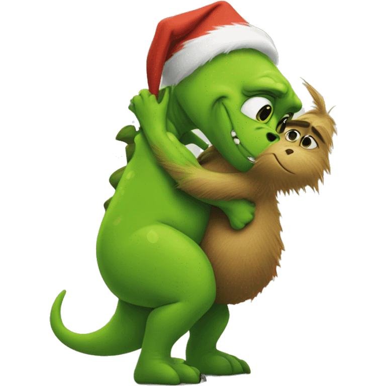 Dinosaur and Grinch hug emoji