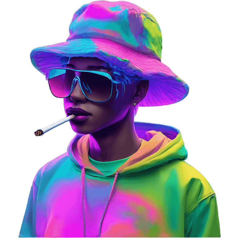 Multicoloured neon Vaporwave person smoking wearing hoodie dancing hip hop bucket hat tropical Skater fashion aesthetic baggy clothes graphic t shirt 420 emoji