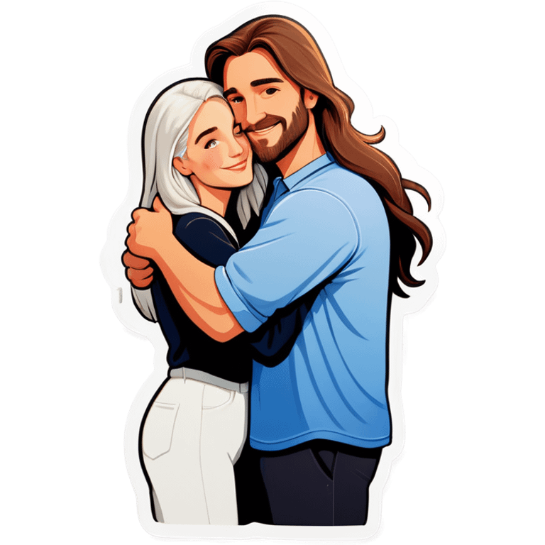 White man hugging white woman with long hair emoji